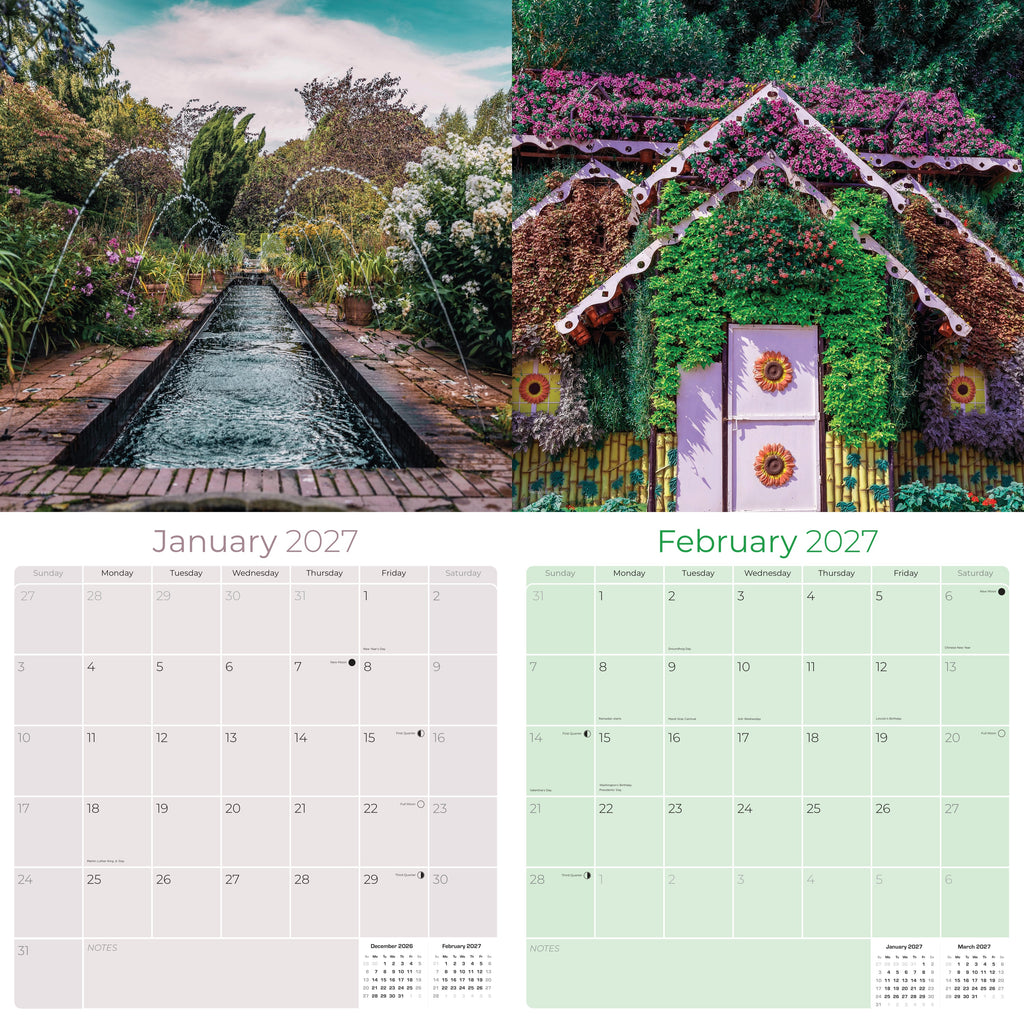 Cottage Gardens Wall Calendar 2027 - 12" x 12" Monthly Beautiful English Country Cottage Floral Scenery Calendar