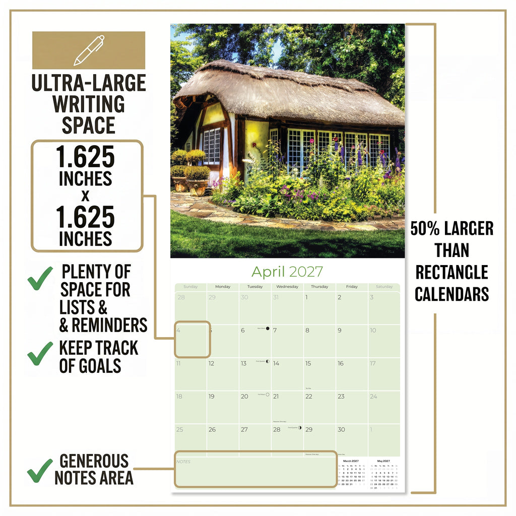 Cottage Gardens Wall Calendar 2027 - 12" x 12" Monthly Beautiful English Country Cottage Floral Scenery Calendar