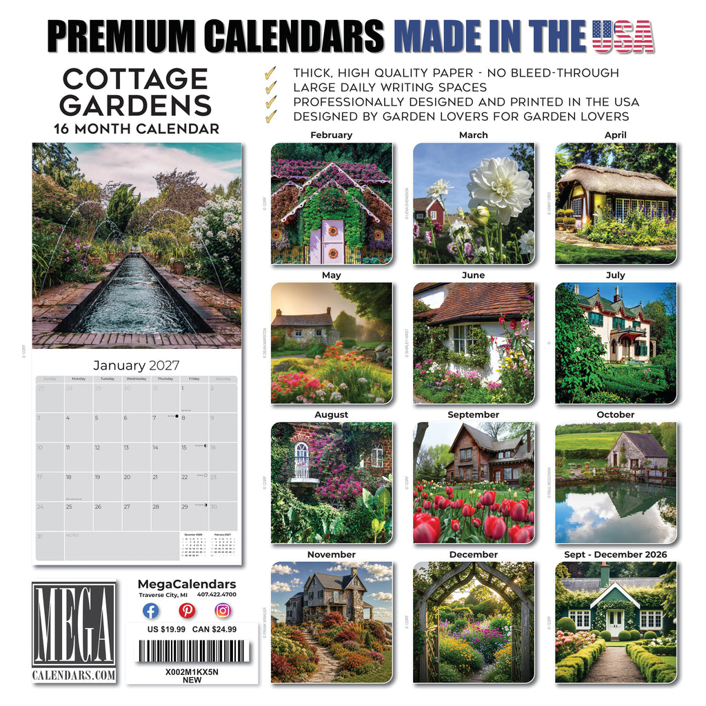 Cottage Gardens Wall Calendar 2027 - 12" x 12" Monthly Beautiful English Country Cottage Floral Scenery Calendar