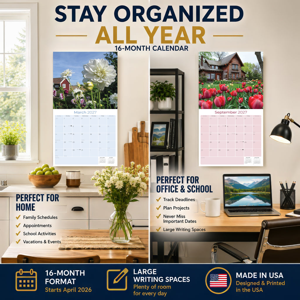 Cottage Gardens Wall Calendar 2027 - 12" x 12" Monthly Beautiful English Country Cottage Floral Scenery Calendar