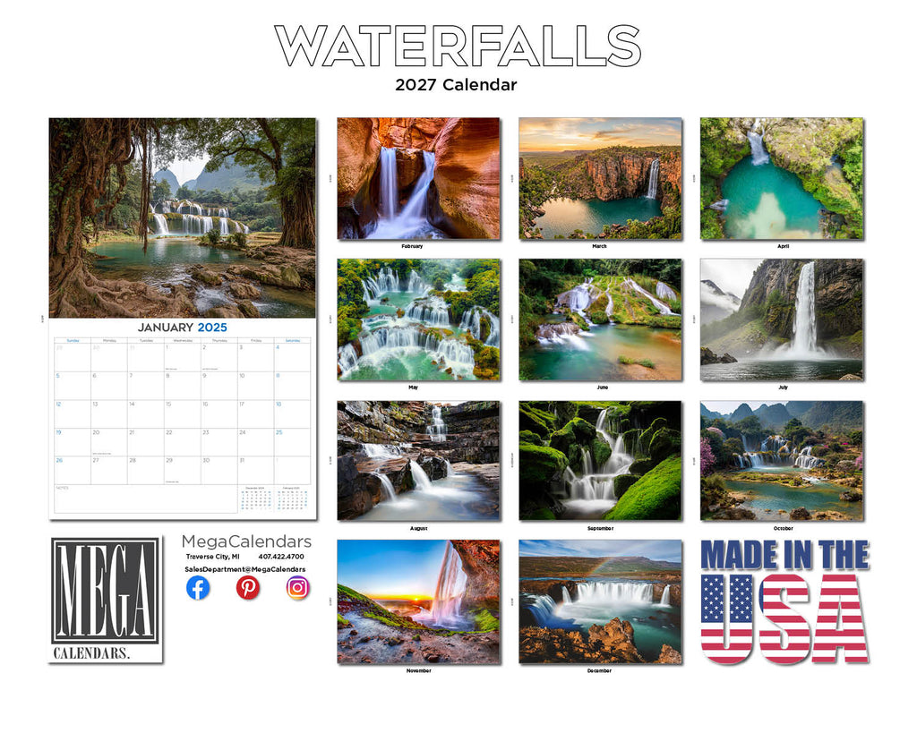 Waterfalls Wall Calendar 2027 - 12" x 9" 14-Month Scenic Nature Calendar