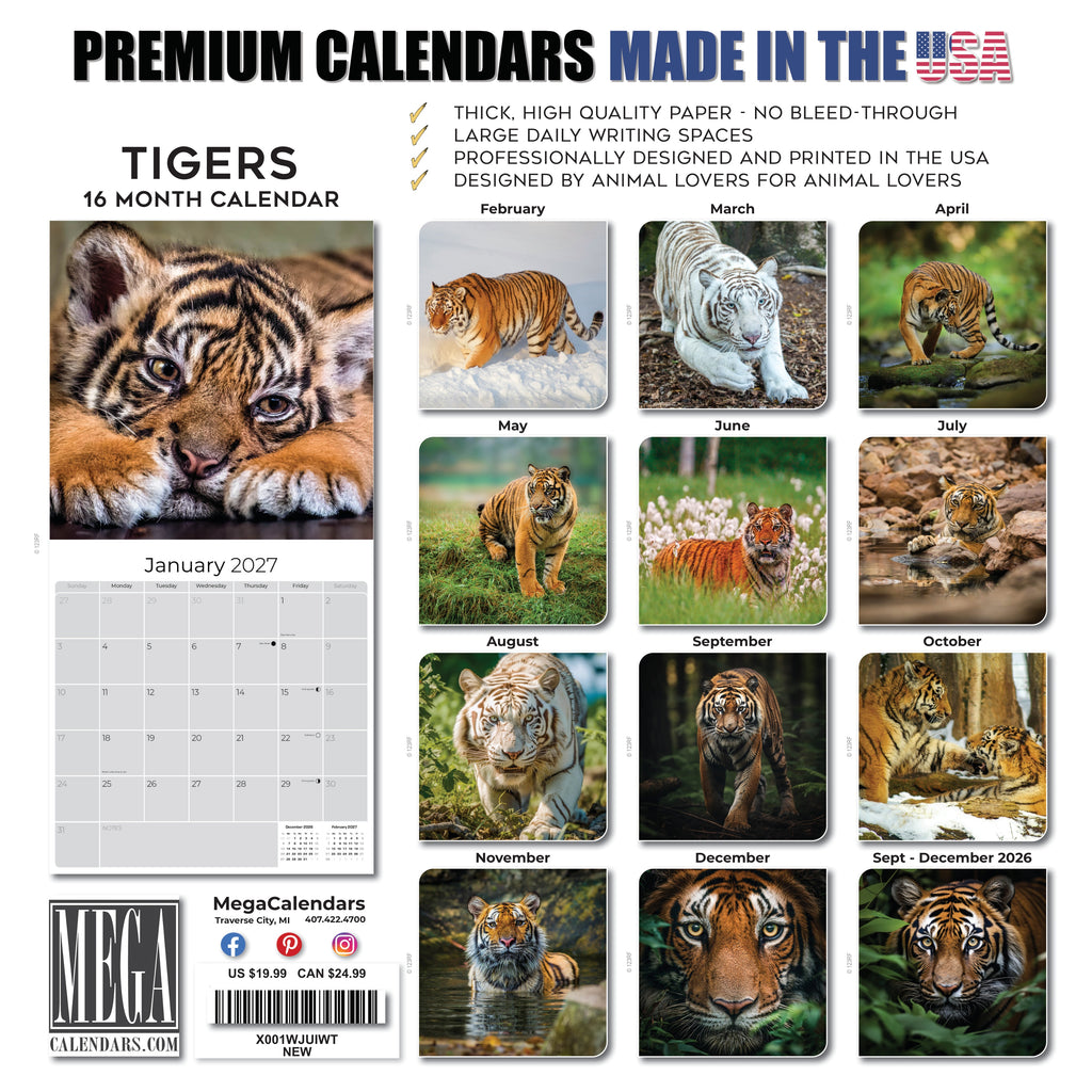 Tigers Wall Calendar 2027 - 12" x 12" Monthly Majestic & Powerful Big Cat Wildlife Nature Calendar