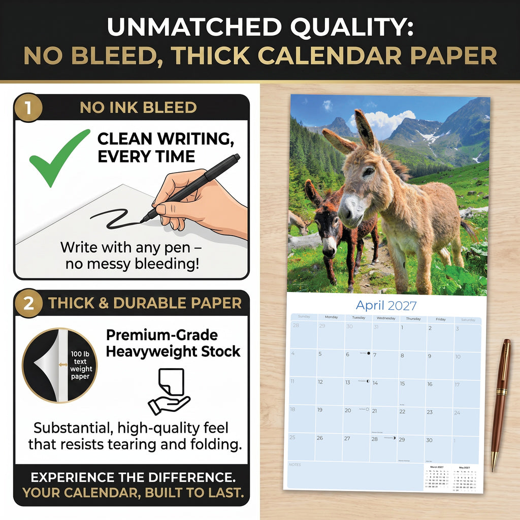 Donkeys Wall Calendar 2027 - 12" x 12" Monthly Charming Farm Equine & Long Eared Donkey Calendar