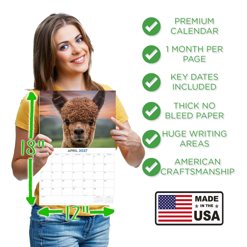 Alpacas Wall Calendar 2027 - 12" x 9" 14-Month Fluffy Animal Calendar