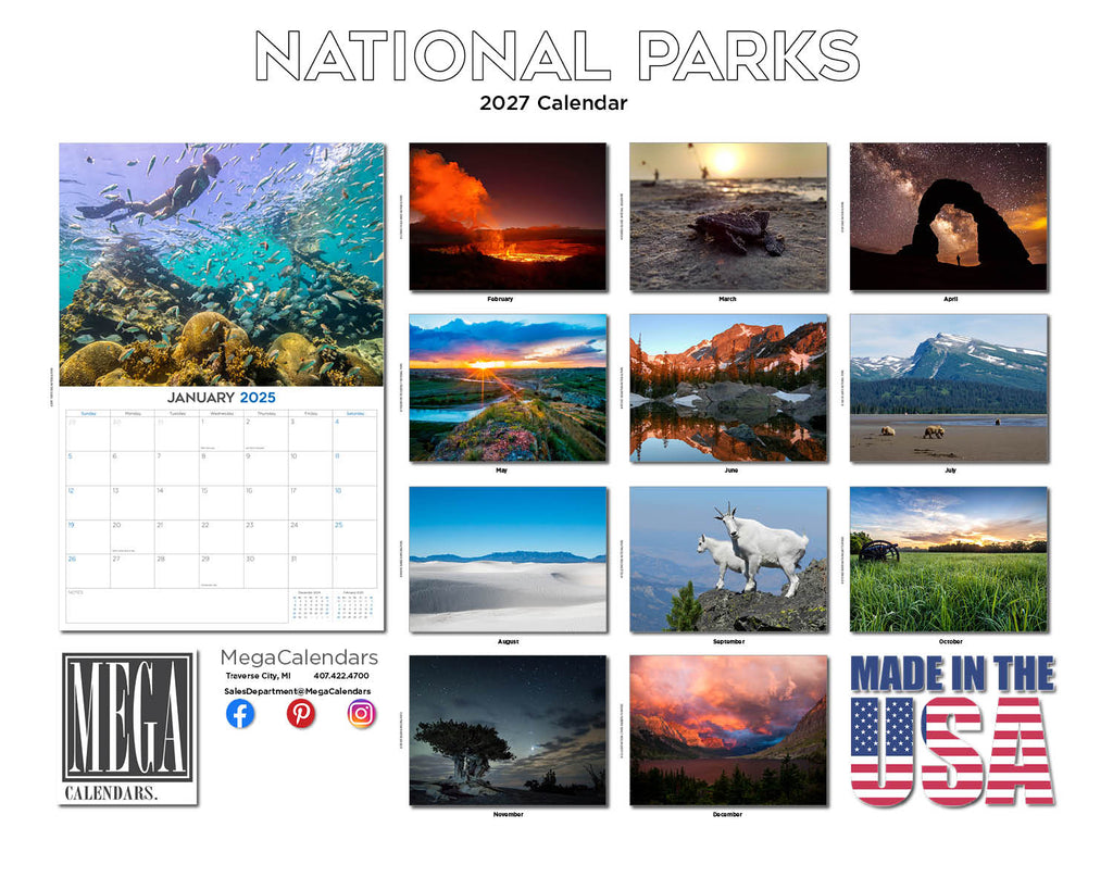 National Parks Wall Calendar 2027 - 12" x 9" 14-Month Scenic Nature Calendar