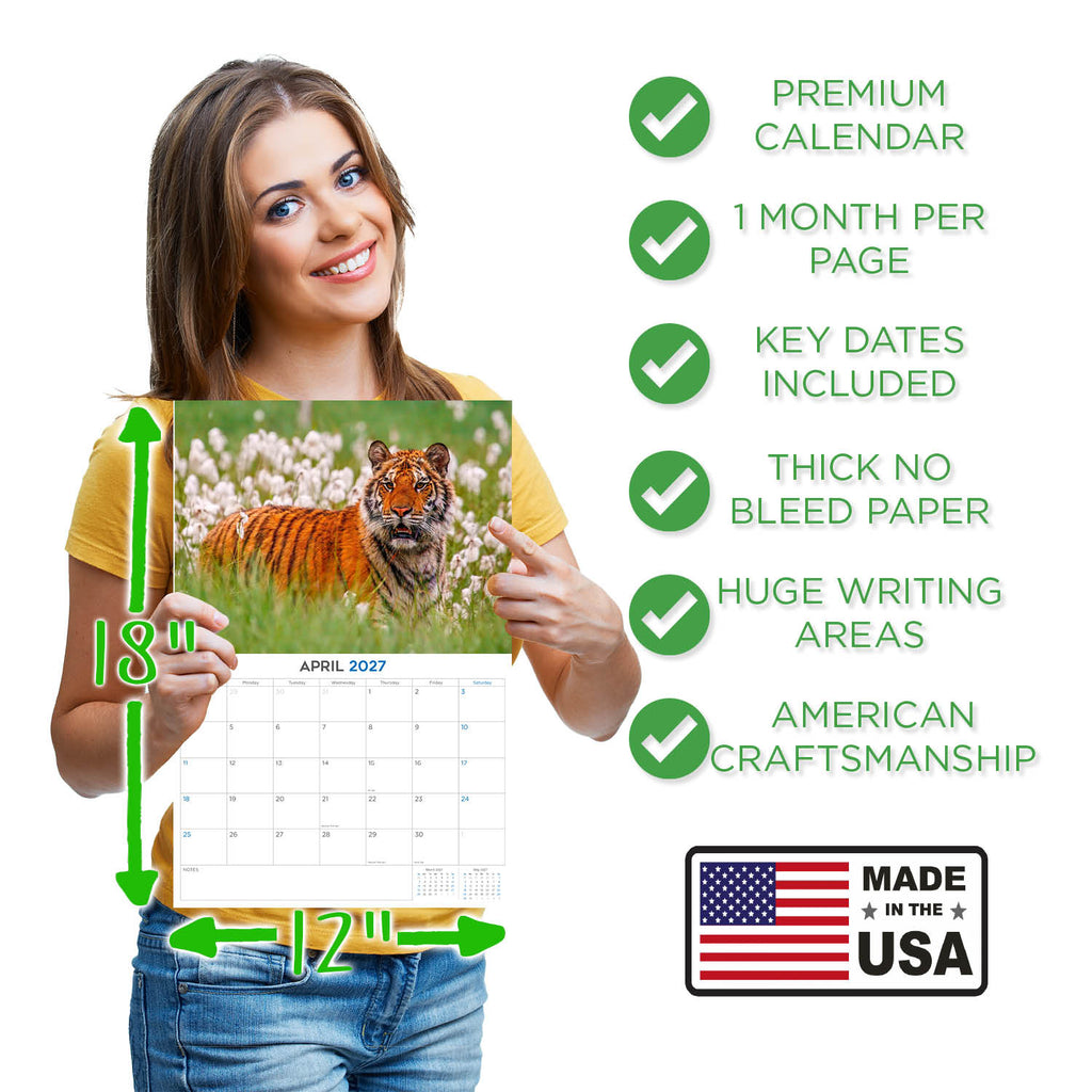 Tigers Wall Calendar 2027 - 12" x 9" 14-Month Wildlife Nature Calendar