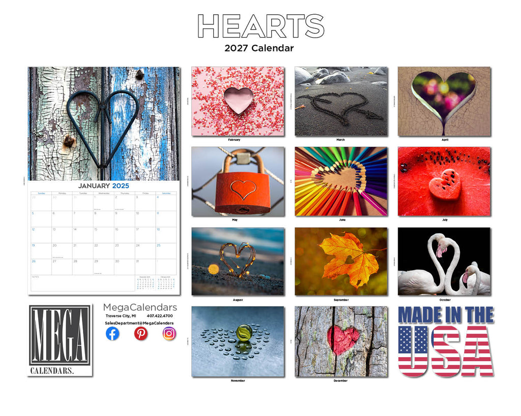 Hearts Wall Calendar 2027 - 12" x 9" 14-Month Whimsical Art Calendar