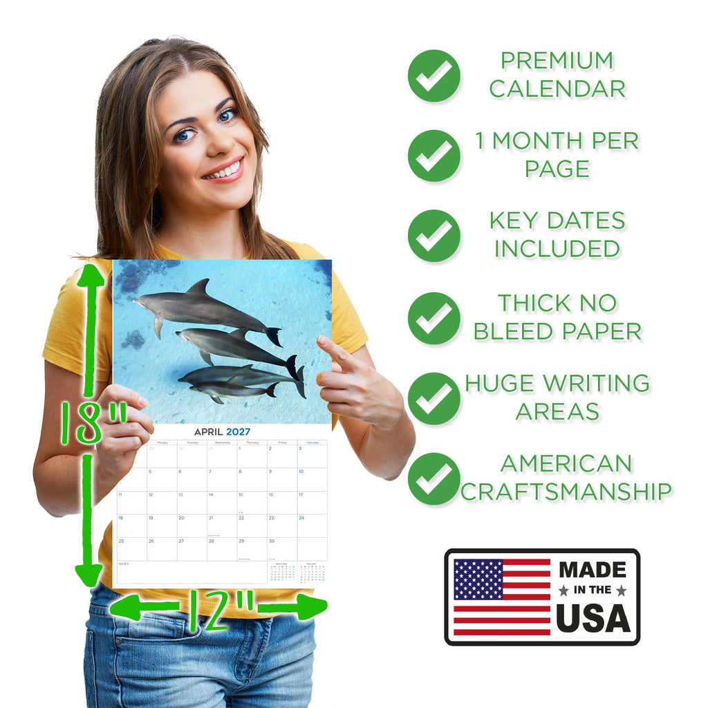 Dolphins Wall Calendar 2027 - 12" x 9" 14-Month Marine Animal Calendar