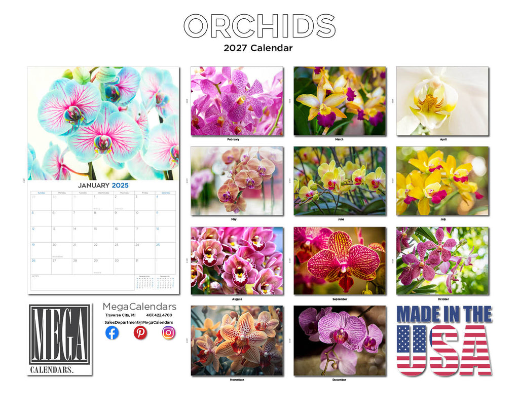 Orchids Wall Calendar 2027 - 12" x 9" 14-Month Exotic Floral Calendar