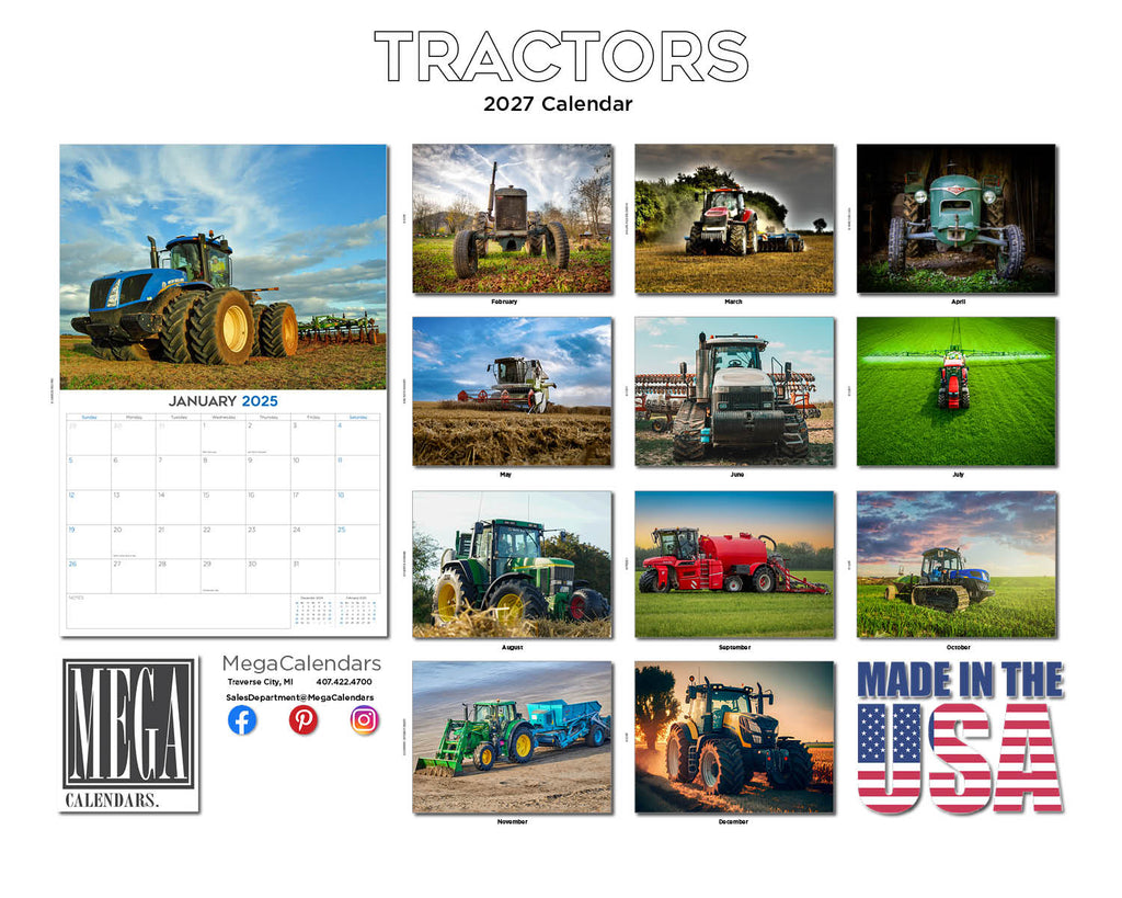 Tractors Wall Calendar 2027 - 12" x 9" 14-Month Farm Machinery Calendar
