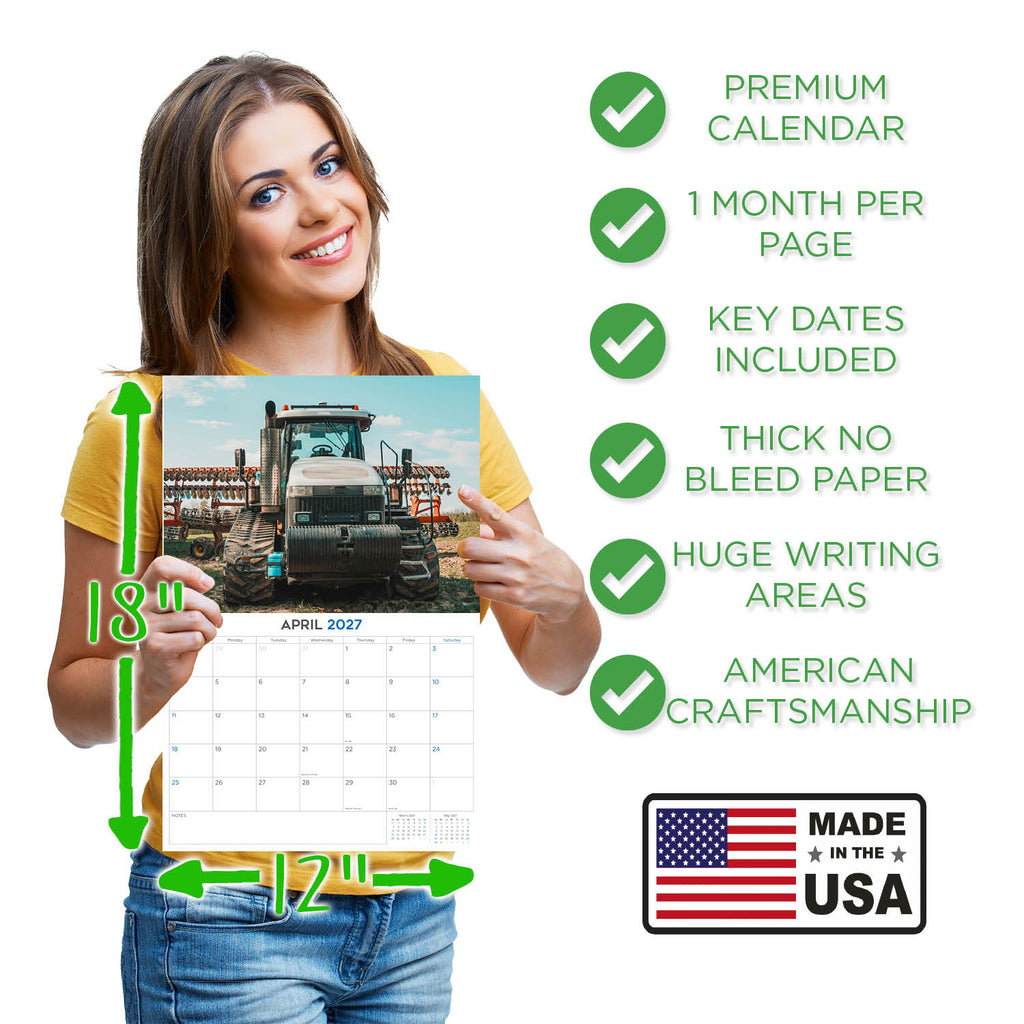 Tractors Wall Calendar 2027 - 12" x 9" 14-Month Farm Machinery Calendar