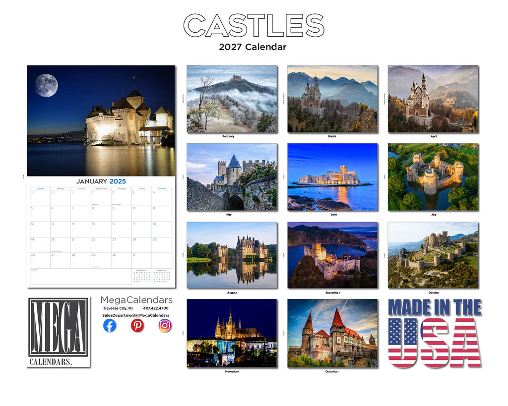 Castles Wall Calendar 2027 - 12" x 9" 14-Month Scenic Architecture Calendar