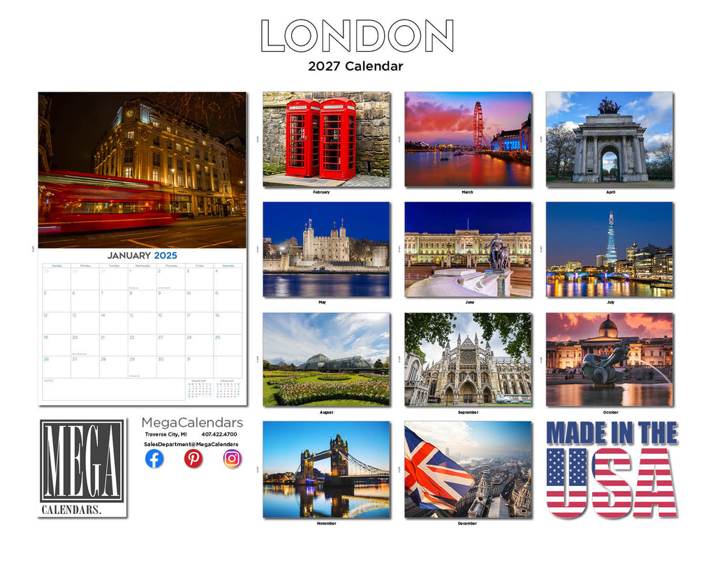London Wall Calendar 2027 - 12" x 9" 14-Month Scenic Travel Cityscape Calendar