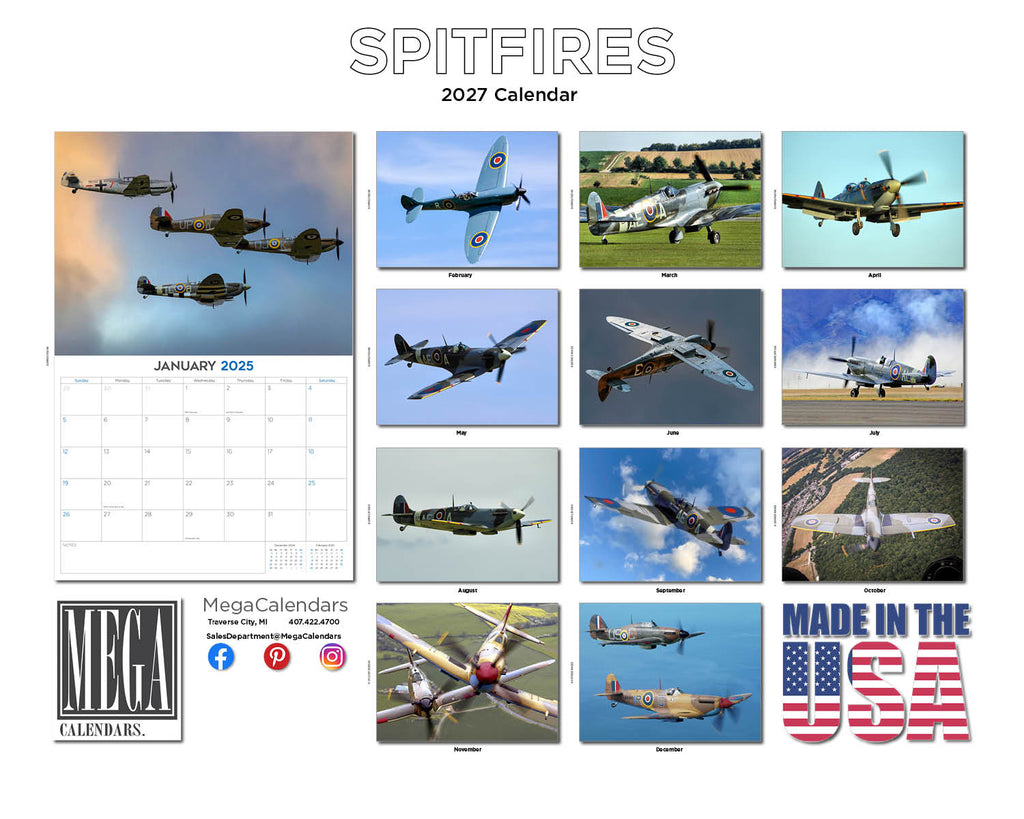 Spitfires Wall Calendar 2027 - 12" x 9" 14-Month Aviation History Calendar