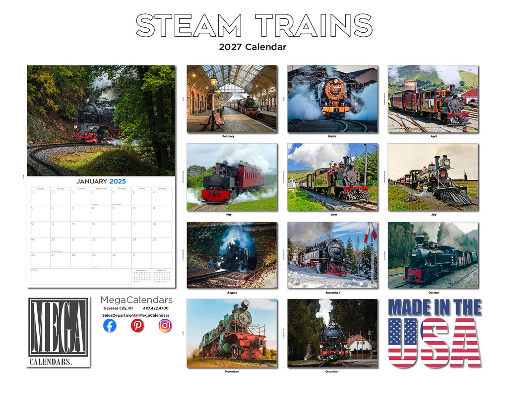 Steam Trains Wall Calendar 2027 - 12" x 9" 14-Month Railway History Calendar