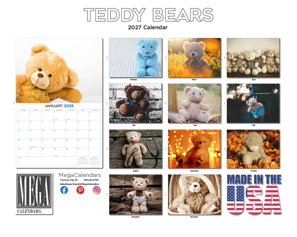 Teddy Bears Wall Calendar 2027 - 12" x 9" 14-Month Nostalgic Hobby Calendar