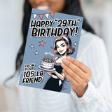 A person holding the 29th birthday card to show the scale and the substantial feel of the 320 GSM paper.