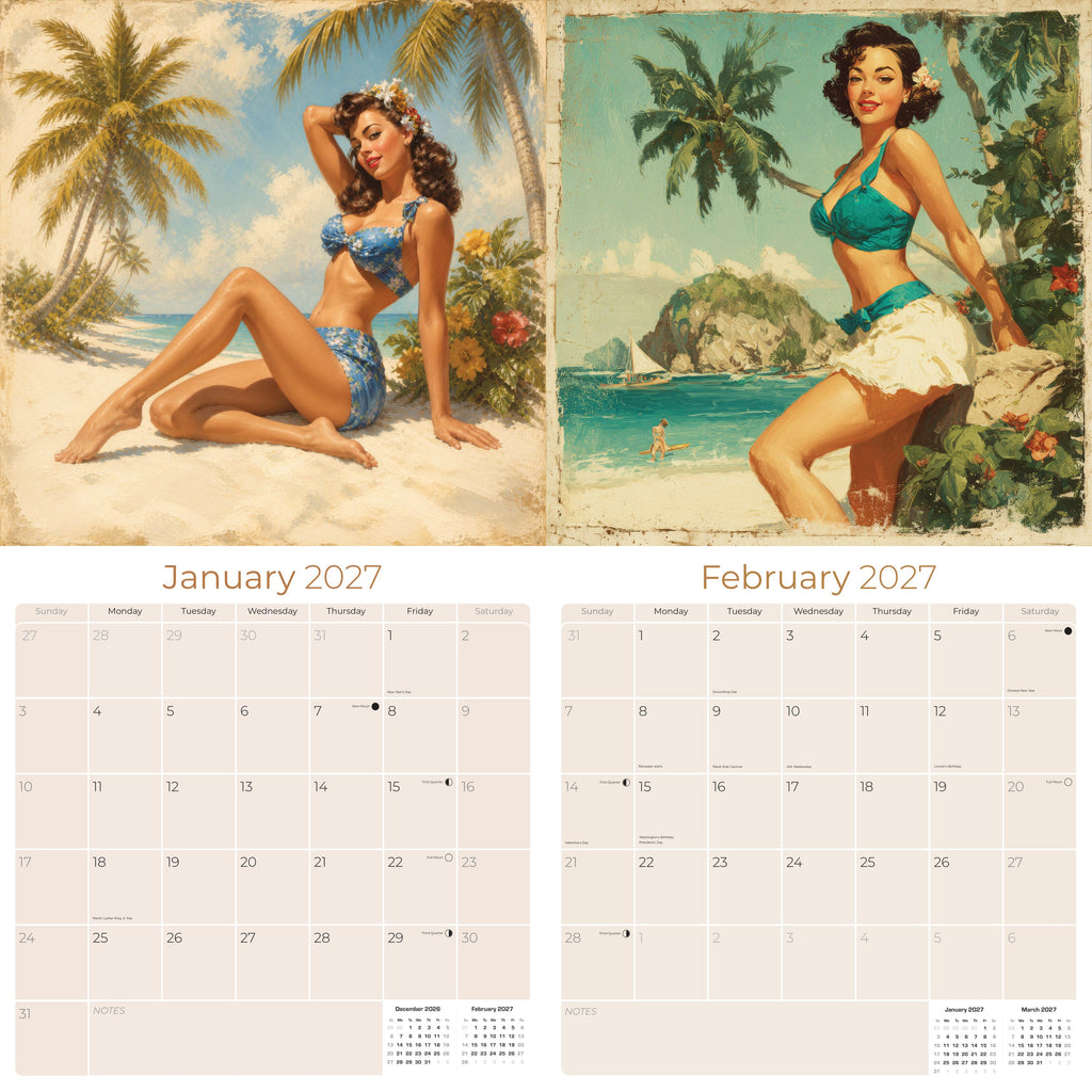 Vintage Pin Ups Wall Calendar 2027 - 12" x 12" Monthly Timeless Nostalgic Glamour & Art History Calendar