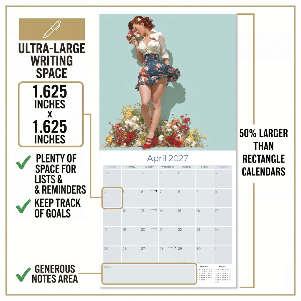 Vintage Pin Ups Wall Calendar 2027 - 12" x 12" Monthly Timeless Nostalgic Glamour & Art History Calendar