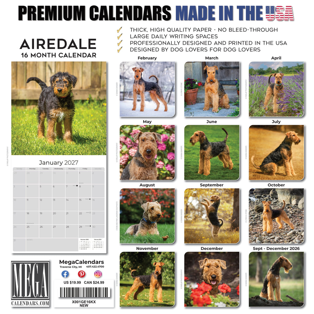 Airedale Terrier Wall Calendar 2027 - 12" x 12" Monthly Terrier Breed & Working Dog Calendar
