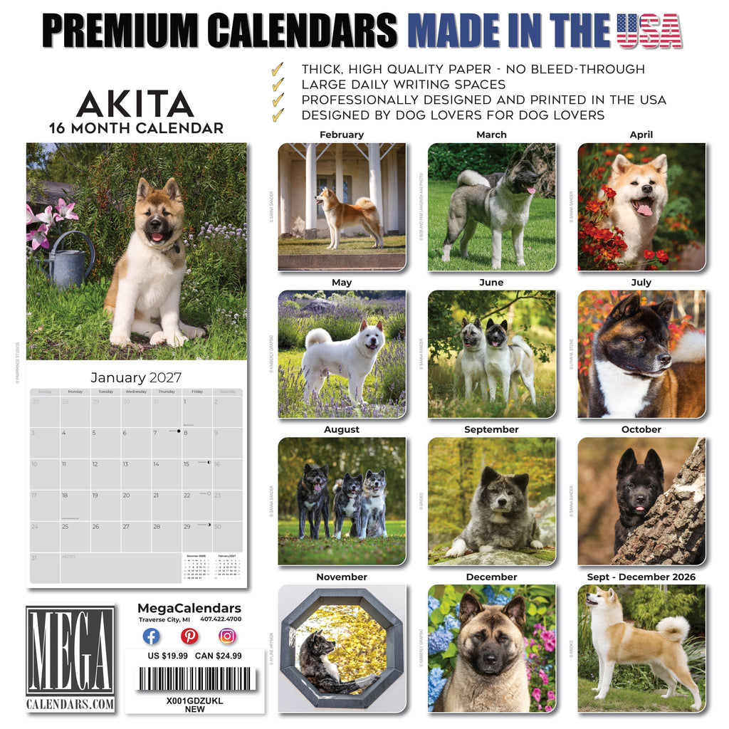 Akita Wall Calendar 2027 - 12" x 12" Monthly Japanese Guard Dog & Companion Breed Calendar