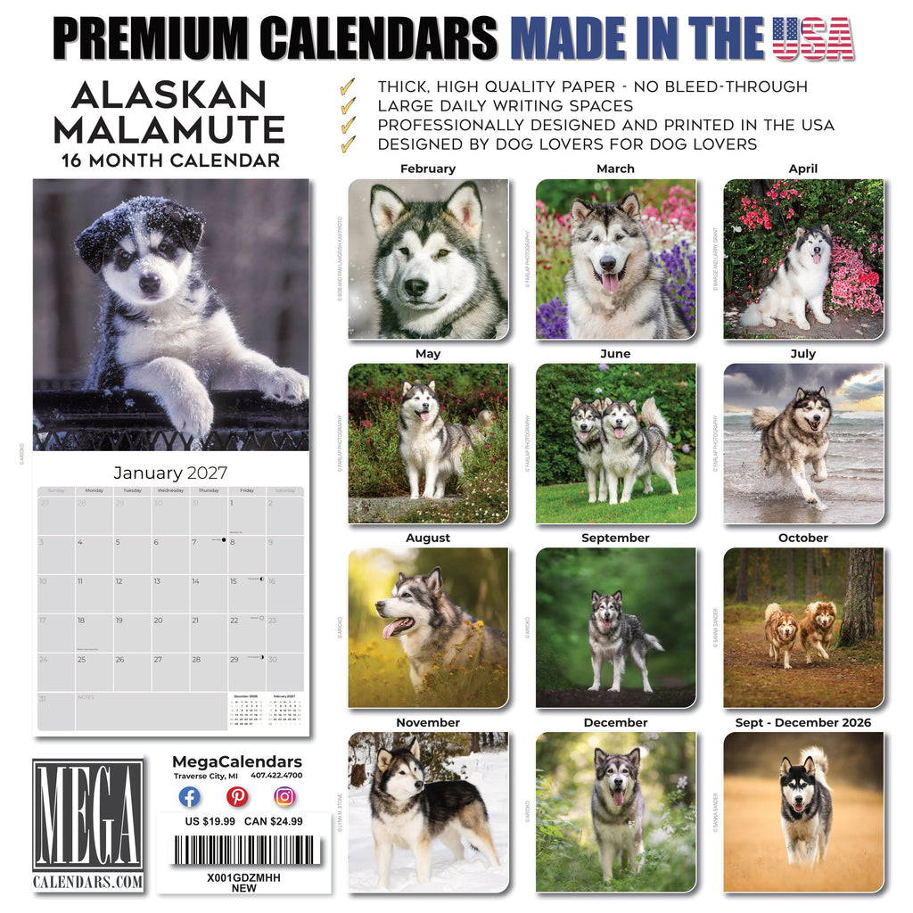 Alaskan Malamute Wall Calendar 2027 - 12" x 12" Monthly Arctic Sled Dog & Working Breed Calendar