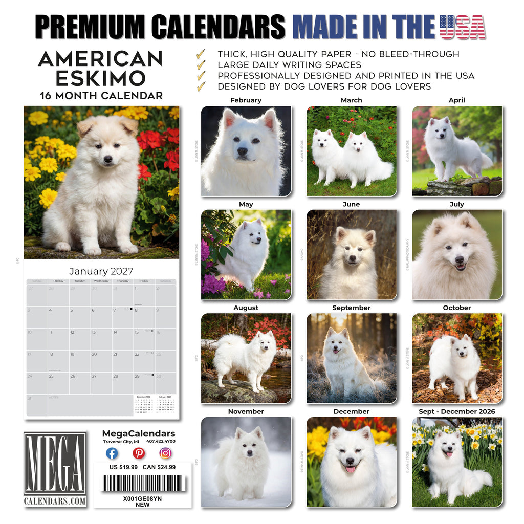 American Eskimo Dog Wall Calendar 2027 - 12" x 12" Monthly Spitz Breed & White Eskie Dog Calendar