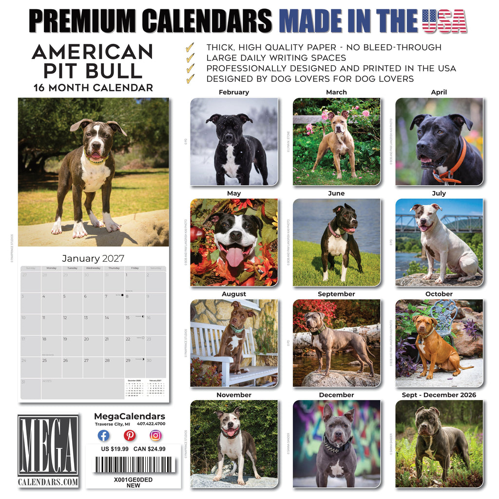 American Pit Bull Terrier Wall Calendar 2027 - 12" x 12" Monthly Athletic & Devoted Pitbull Breed Calendar