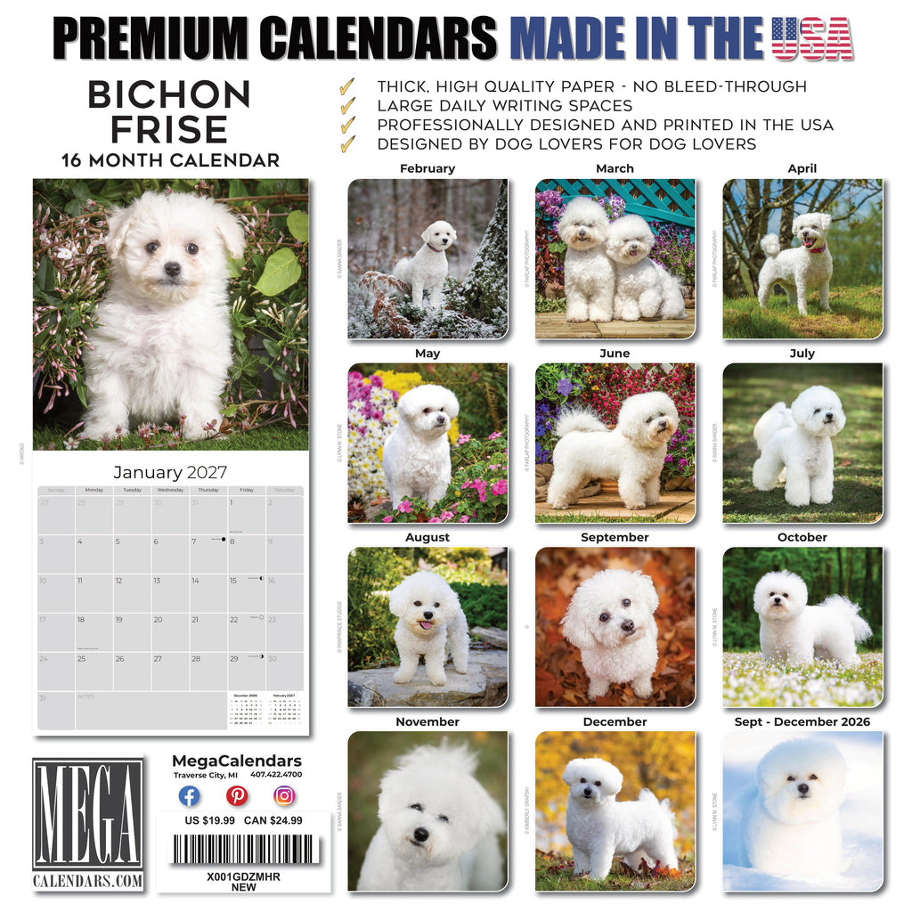 Bichon Frise Wall Calendar 2027 - 12" x 12" Monthly Cheerful Fluffy Toy Dog Breed Calendar