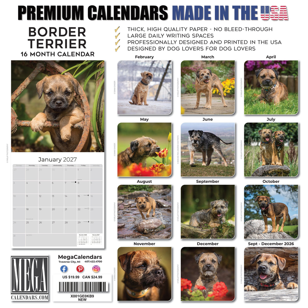 Border Terrier Wall Calendar 2027 - 12" x 12" Monthly Plucky Small Terrier Dog Breed Calendar