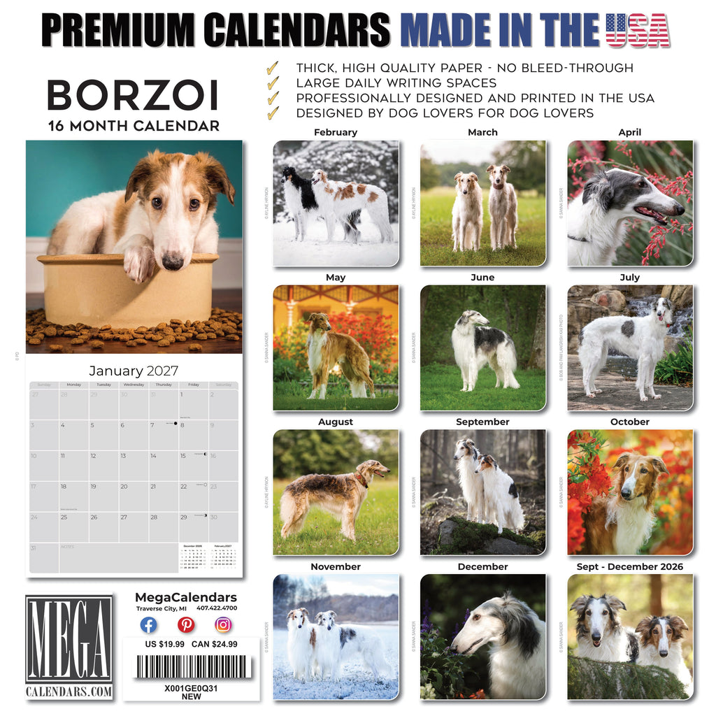 Borzoi Wall Calendar 2027 - 12" x 12" Monthly Regal Graceful Russian Sighthound Calendar