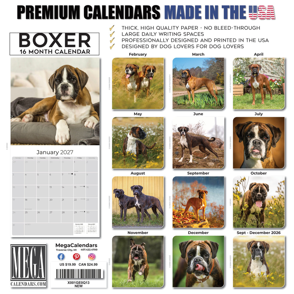 Boxer Wall Calendar 2027 - 12" x 12" Monthly Playful Courageous Athlete Dog Breed Calendar