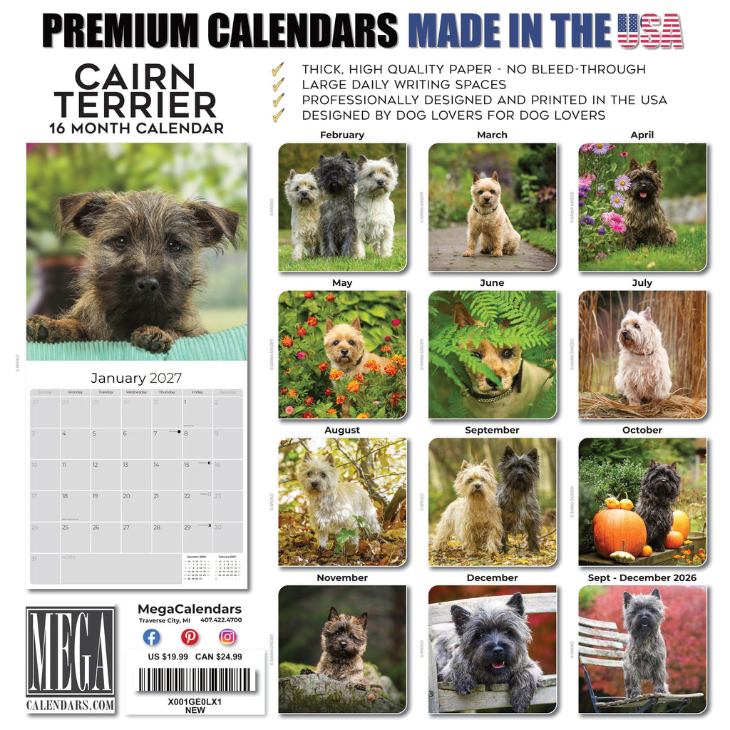 Cairn Terrier Wall Calendar 2027 - 12" x 12" Monthly Hardy Alert Scottish Terrier Breed Calendar