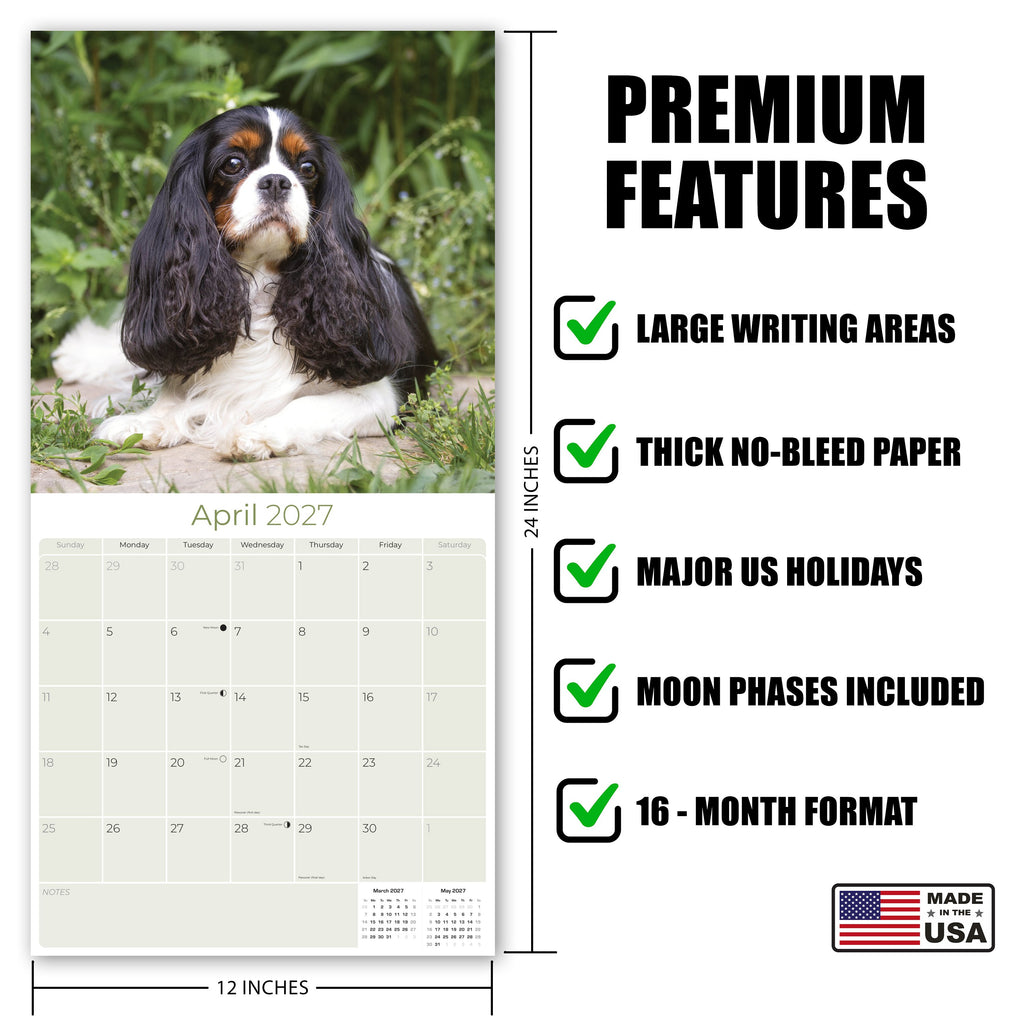 Cavalier King Charles Spaniel Wall Calendar 2027 - 12" x 12" Monthly Gentle Royal Toy Spaniel Breed Calendar