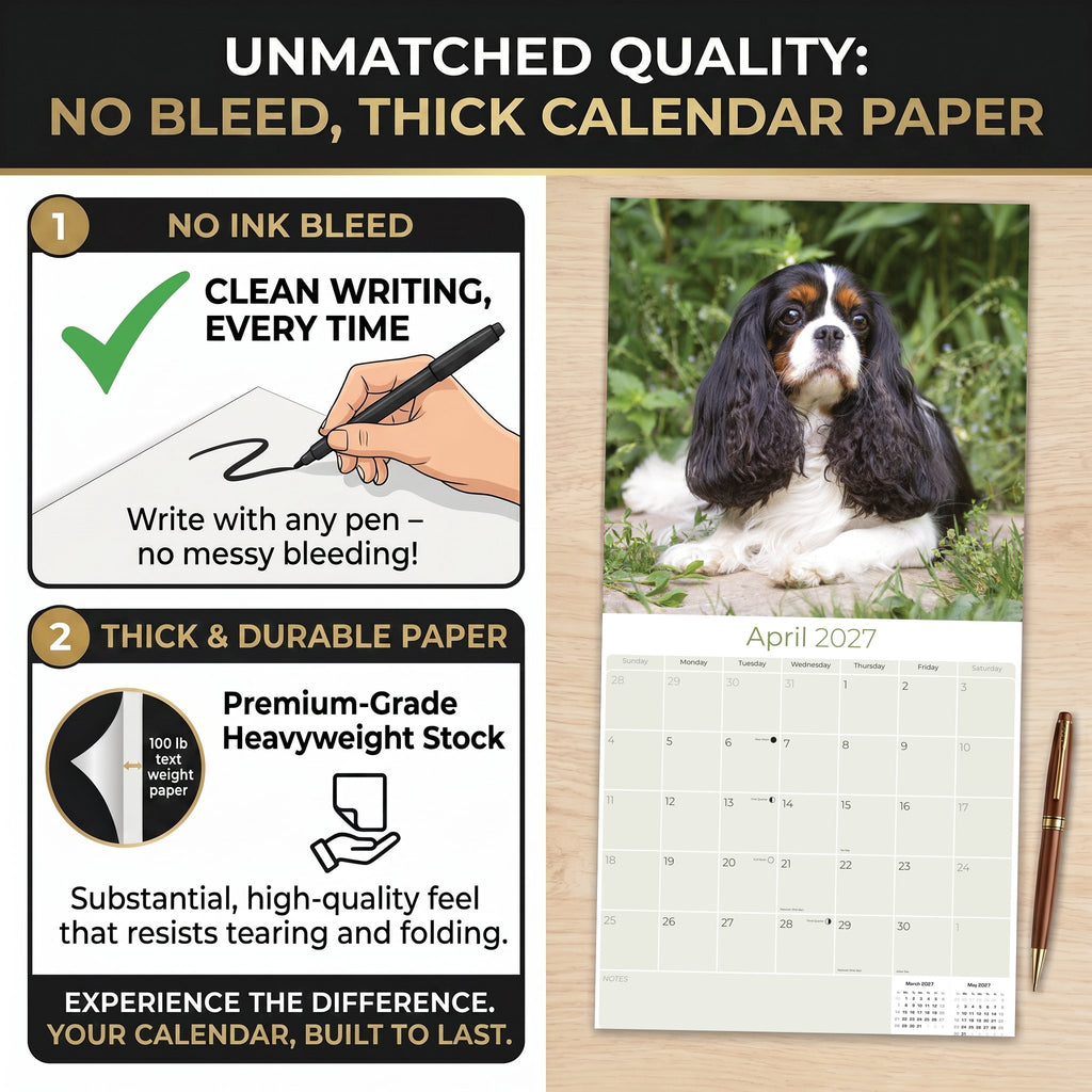 Cavalier King Charles Spaniel Wall Calendar 2027 - 12" x 12" Monthly Gentle Royal Toy Spaniel Breed Calendar