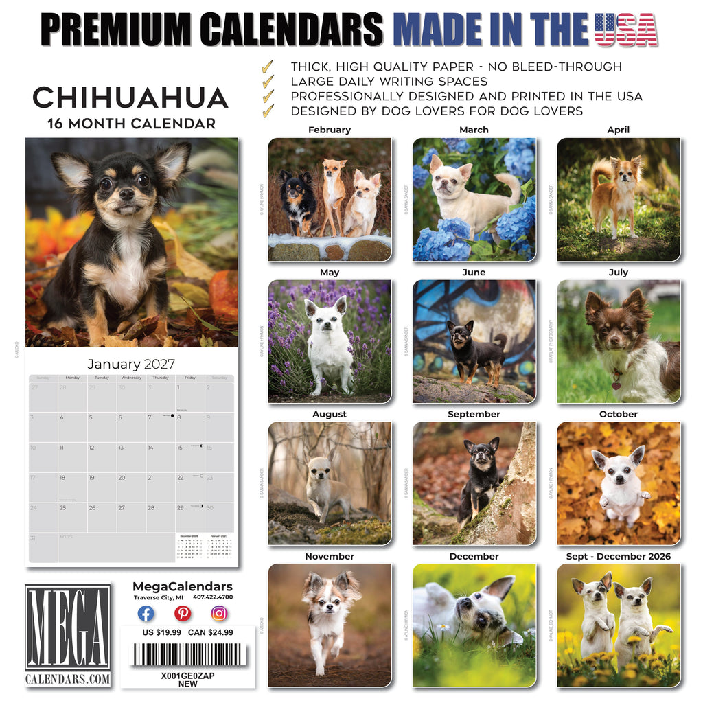 Chihuahua Wall Calendar 2027 - 12" x 12" Monthly Sassy Tiny Toy Dog Breed Calendar