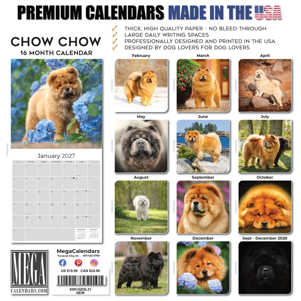 Chow Chow Wall Calendar 2027 - 12" x 12" Monthly Dignified & Proud Chow Chow Dog Breed Calendar