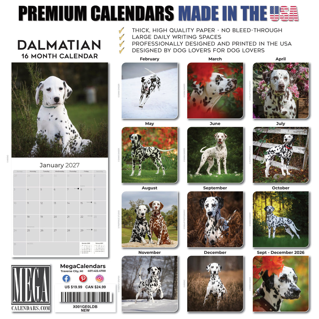 Dalmatian Wall Calendar 2027 - 12" x 12" Monthly Sleek Spotted Coach & Firehouse Dog Breed Calendar