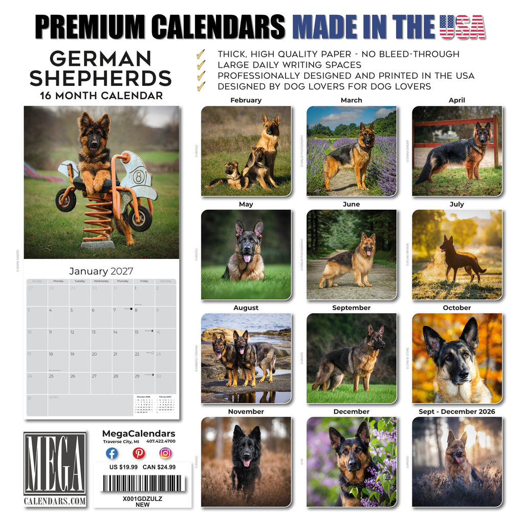 German Shepherd Wall Calendar 2027 - 12" x 12" Monthly Noble Guardian & Intelligent GSD Working Breed Calendar