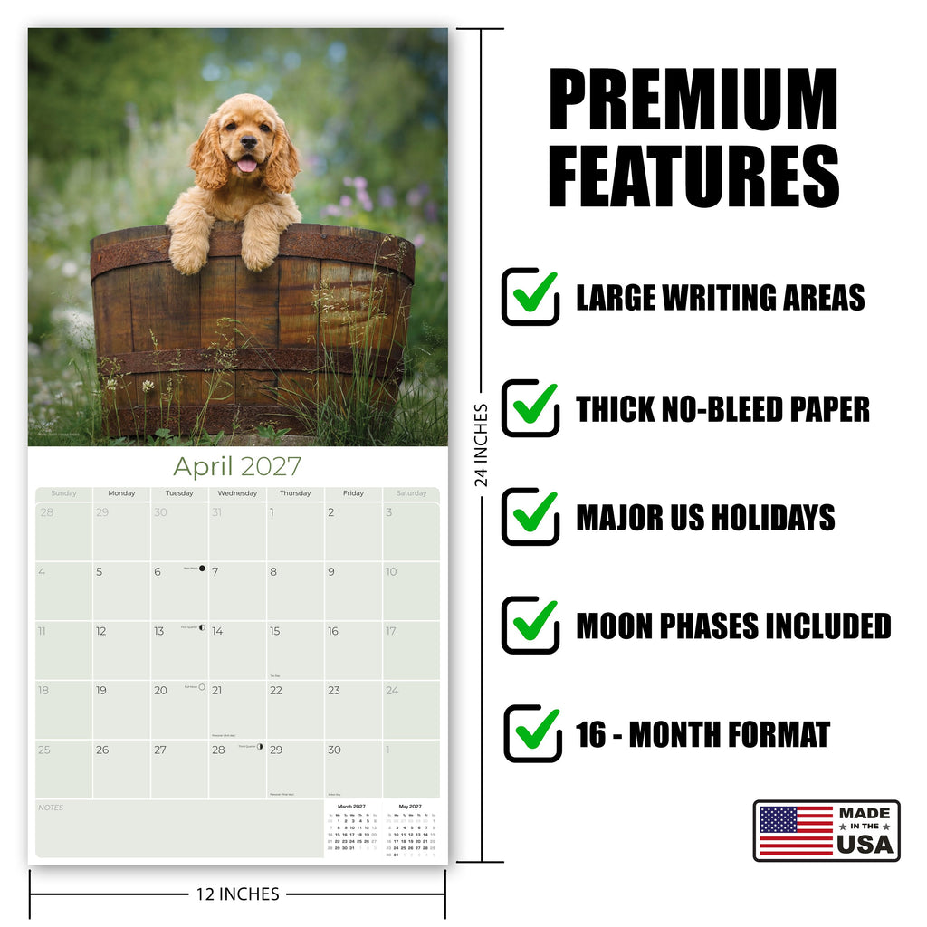 Cocker Spaniel Puppies Wall Calendar 2027 - 12" x 12" Monthly Heartwarming Cocker Spaniel Puppy Breed Art Calendar