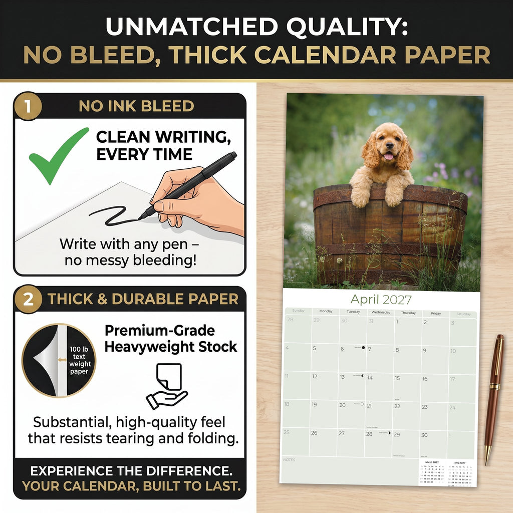 Cocker Spaniel Puppies Wall Calendar 2027 - 12" x 12" Monthly Heartwarming Cocker Spaniel Puppy Breed Art Calendar