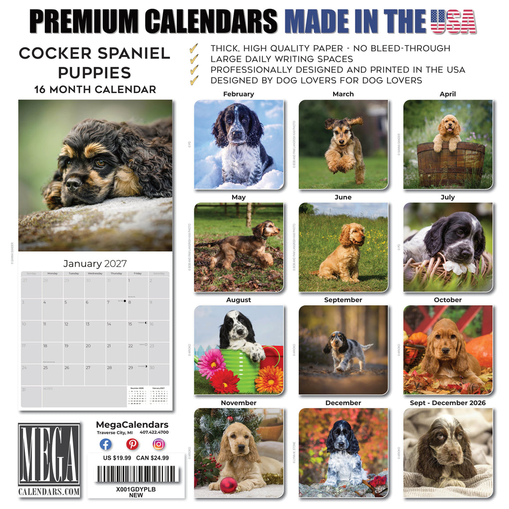 Cocker Spaniel Puppies Wall Calendar 2027 - 12" x 12" Monthly Heartwarming Cocker Spaniel Puppy Breed Art Calendar