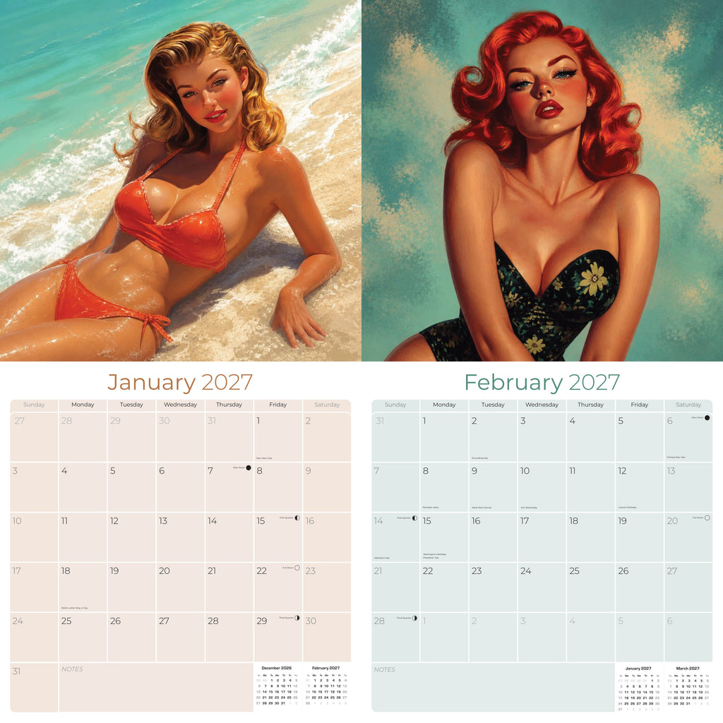 Retro Pin Ups Wall Calendar 2027 - 12" x 12" Monthly Classic Mid-Century Style Glamour Illustration Calendar