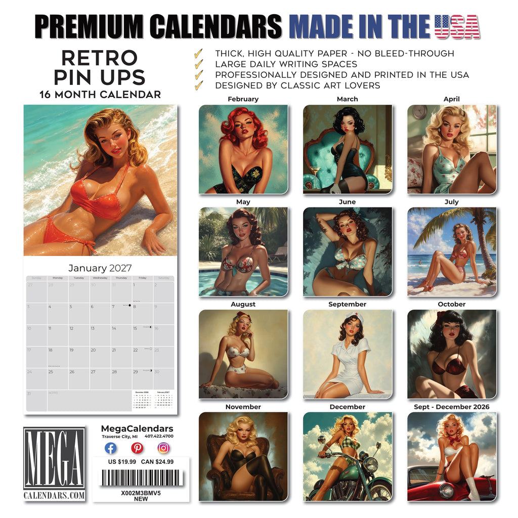 Retro Pin Ups Wall Calendar 2027 - 12" x 12" Monthly Classic Mid-Century Style Glamour Illustration Calendar