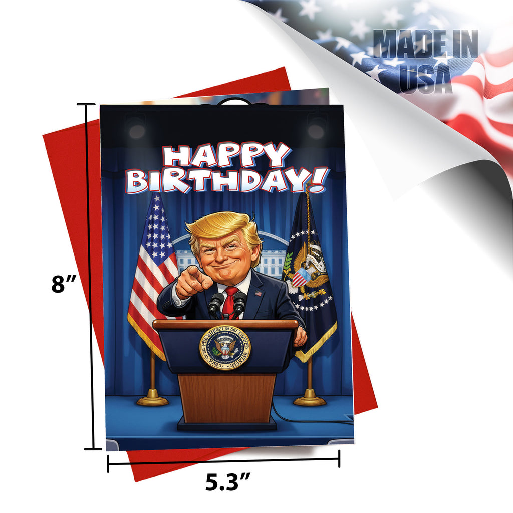 Oversized 5x8 inch Trump greeting card compared to standard size stationery.