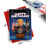 Oversized 5x8 inch Trump greeting card compared to standard size stationery.