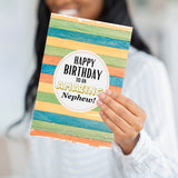 A person holding the colorful wood-design birthday card to demonstrate the substantial weight and professional feel of the paper.