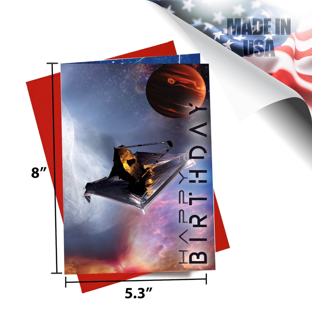 Sci-fi space birthday card shown at 5.3" x 8" size next to a ruler to highlight the premium large-format design.