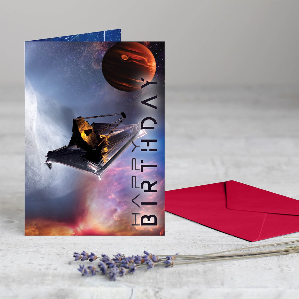 The "Out of This World" birthday card shown next to its premium red self-adhesive envelope.
