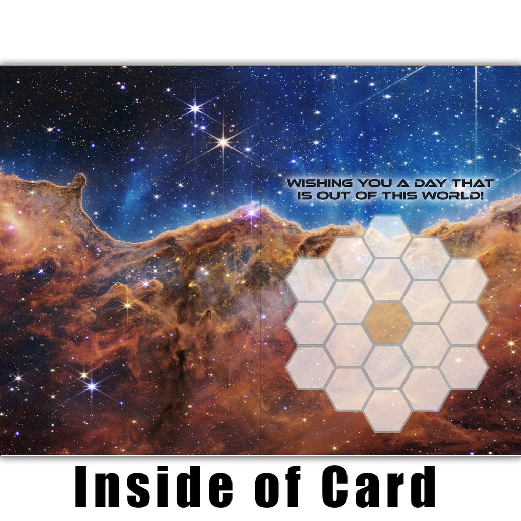 The blank interior of the space-themed card, showing the thick 120lb matte paper for a personal handwritten message.